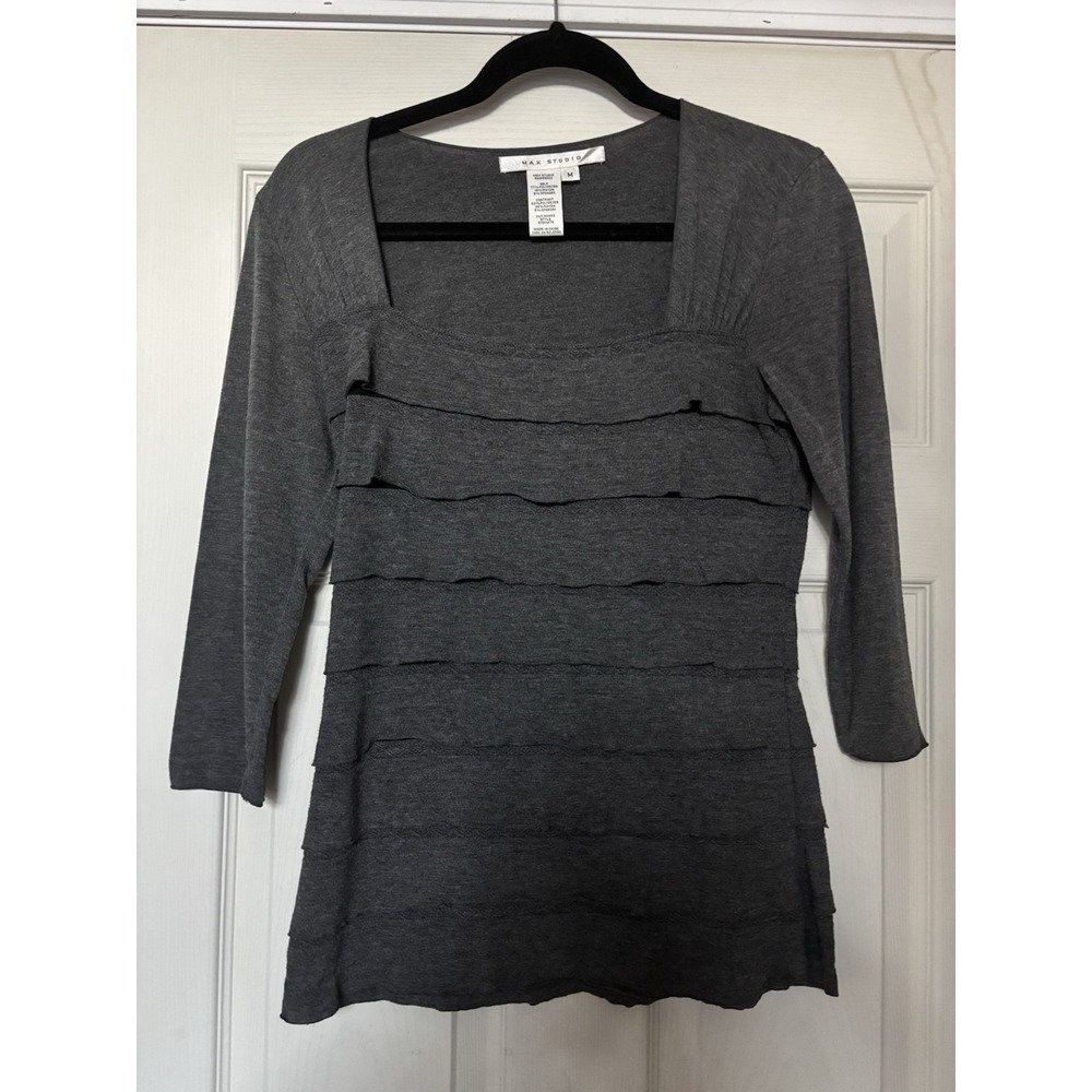 Max Studio Top, gray with black lining, layered texture, size M, square neck